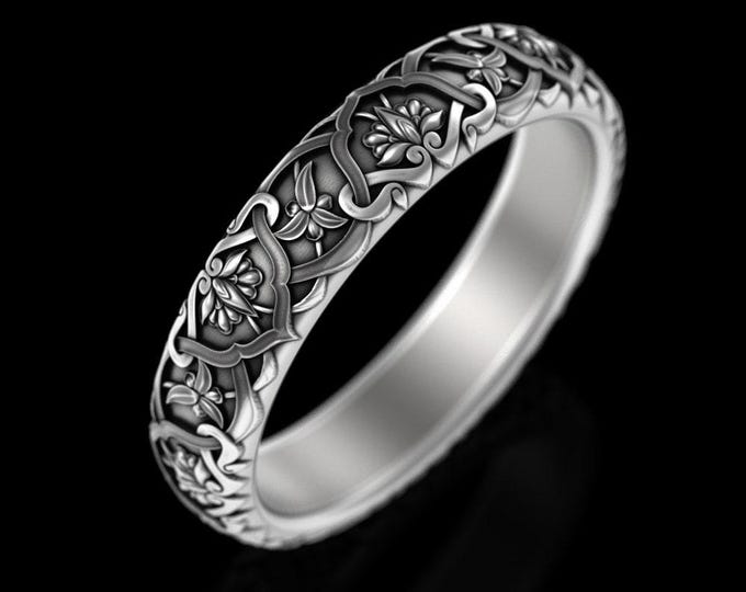 Botanical Scrollwork Art Nouveau Ring, Sterling Silver Female Delicate Wedding Band, Intricate Floral Pattern Ring, Bridal Flower Band, 5029