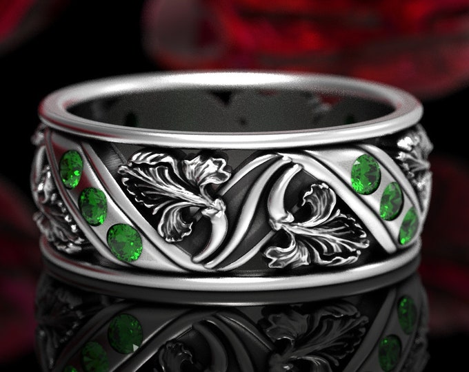 Silver Iris Wedding Band, Emerald & Sterling Flower Wedding Ring, Art Nouveau Wedding Band, Nature Inspired Ring, Floral Wedding Ring, 1519