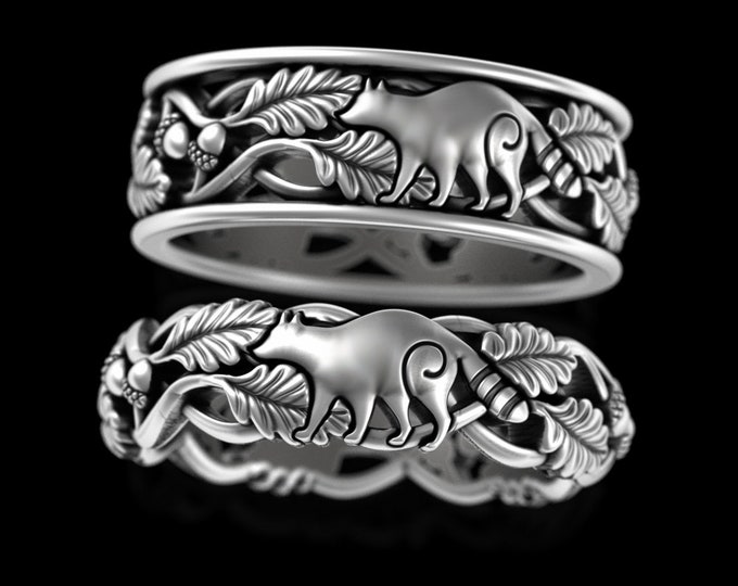 Matching Raccoon Wedding Set, Sterling Silver His Hers Soulmate Animal Wedding Bands, Trash Panda Handfasting, Forest Nature Rings 5539 5534