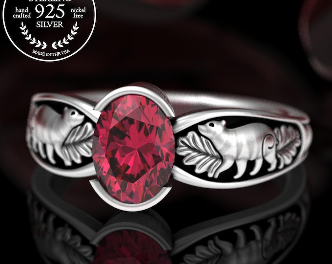 Sterling Baby Bear Cubs Statement Ring, Ruby Mama Bear Bezel Solitaire, Forest Black Bear Wedding Ring, Rocky Mountain Jewelry, 5062