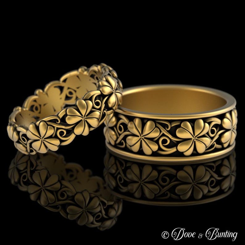 Mens Style Gold Four Leaf Clover Ring, 10K 14K Shamrock Groom Ring ...