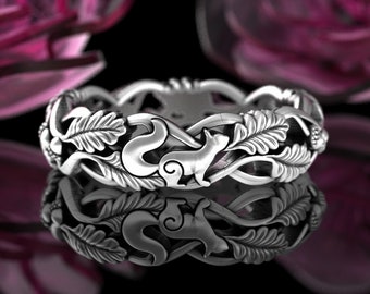Squirrel & Acorn Ring, Oak Leaf Tree Wedding Band, Sterling Silver Squirrel Jewelry, Forest Wedding Ring, Nature Inspired Ring, 5540