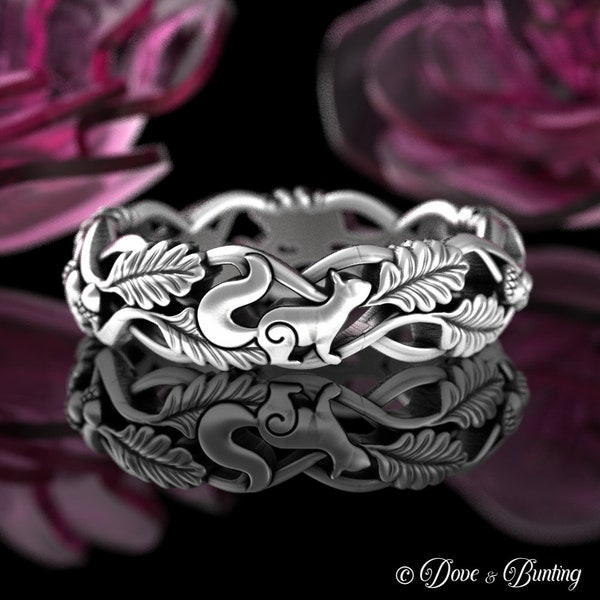 Bague écureuil et gland, alliance arbre feuille de chêne, bijoux écureuil en argent sterling, alliance forêt, bague inspirée de la nature, 5540