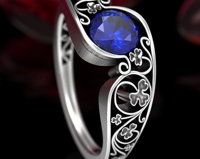 Clover Engagement Ring, Sapphire Sterling Silver Engagement Ring, Art Nouveau Engagement Ring, Lucky Clover Ring, Silver Clover Ring, 1547