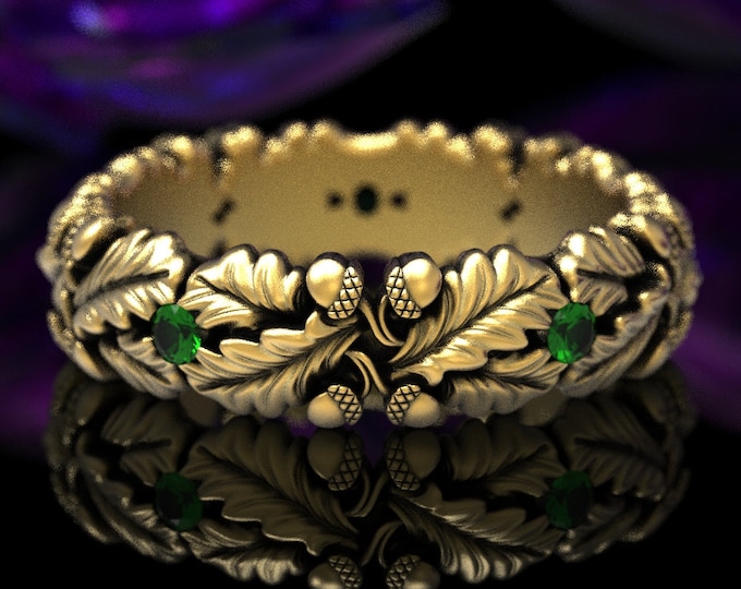 Gold Emerald Acorn Ring, Gold Oak Tree Ring, Gold Nature Wedding Ring, 10K Oak Tree Ring, Forest Wedding Ring, 14K Gold Acorn Ring, 1612