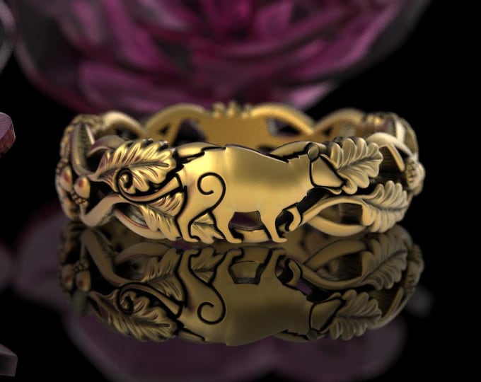 Gold Opossum & Leaves Ring, 10K 14K Virginia Possum Wedding Band, Platinum American Possum Spirit Animal Ring, Baby Possum Joey Ring, 5526