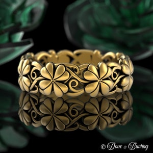 Gold Four Leaf Clover Ring, White Gold Clover Ring, 10K 14K 18K Botanical Ring, Platinum Lucky Clover Ring, Irish Shamrock Wedding Band 5022