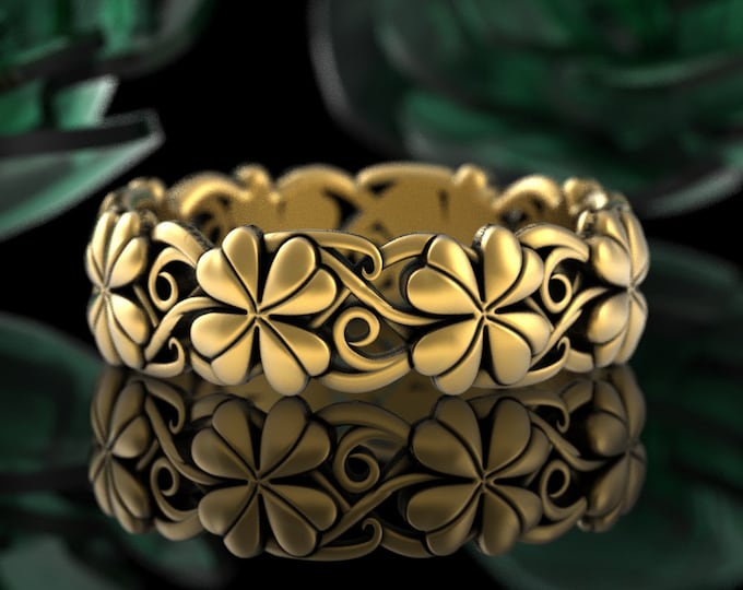 Gold Four Leaf Clover Ring, White Gold Clover Ring, 10K 14K 18K Botanical Ring, Platinum Lucky Clover Ring, Irish Shamrock Wedding Band 5022