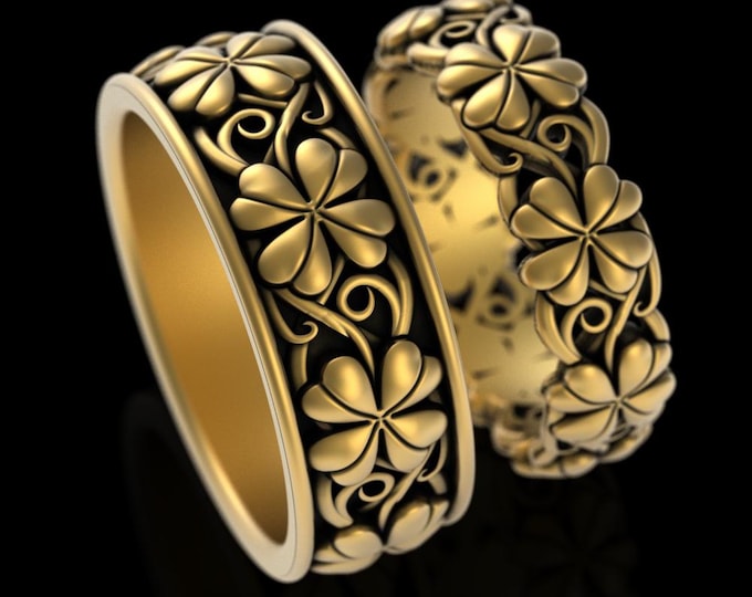 Gold Shamrock Wedding Band Set, 10K 14K 18K Celtic 4 Leaf Clover Wedding Ring Set, Platinum His Hers Lucky Ireland Handfasting, 5022 5041