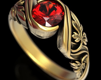 Anillo de compromiso botánico, anillo de compromiso natural, anillo de bodas de rubí y oro, anillo Art Nouveau de oro, anillo de bodas Art Nouveau, 1513