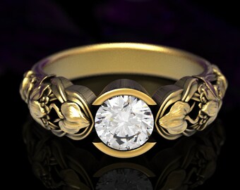 Moissanite Engagement Ring, Gold Art Nouveau Engagement Ring, Moissanite Flower Ring, Gold Lotus Wedding Ring, White Gold Engagement, 1659