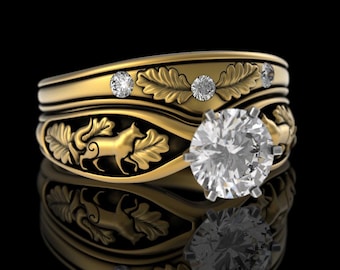 Matching Wolves Bridal Engagement Wedding Ring Set, 10K 14K Gold Moissanite Solitaire Wedding Ring, 18K Stacking Wolf Rings, 5012 5014