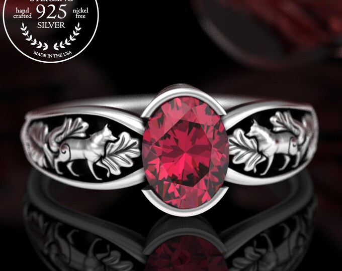 Sterling Botanical Wolves Oval Bezel Solitaire Ring - Your Choice of Stone, 5061