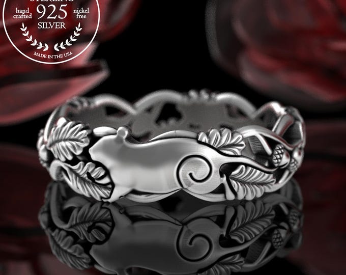 Woodland Mouse Forest Ring, Sterling Oak Leaves & Rodent Ring, Silver Wood Mouse Wedding Ring, Botanical Field Mouse Wedding Band, 5557