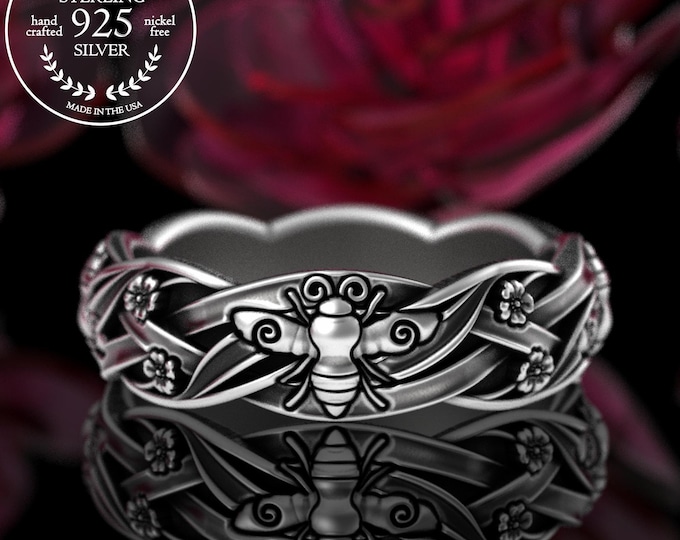 Bumblebees in a Meadow Ring, Sterling Honeybee Wedding Band, Silver Queen Bee Ring, Flying Winged Insect Jewelry, Beekeeper Statement, 5212