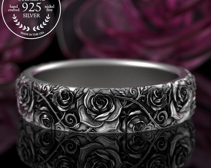 Handmade Rose & Thorn Wedding Band, Sterling Rose Bush Marriage Ring, Art Nouveau Flower Ring, Silver Botanical Garden Ring, 5225