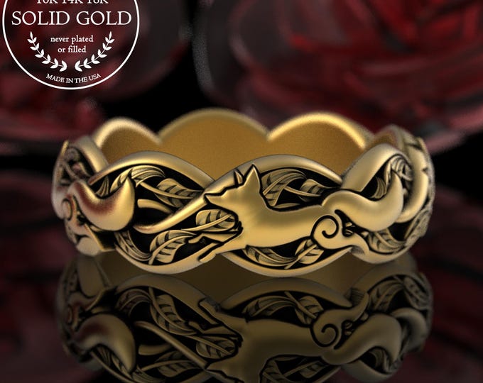 Women Gold Running Foxes Ring, 10K Botanical Leaves Wedding Ring, Baby Fox Litter, 14K White Gold Nature Ring, Forest Fox Spirit Animal,5048