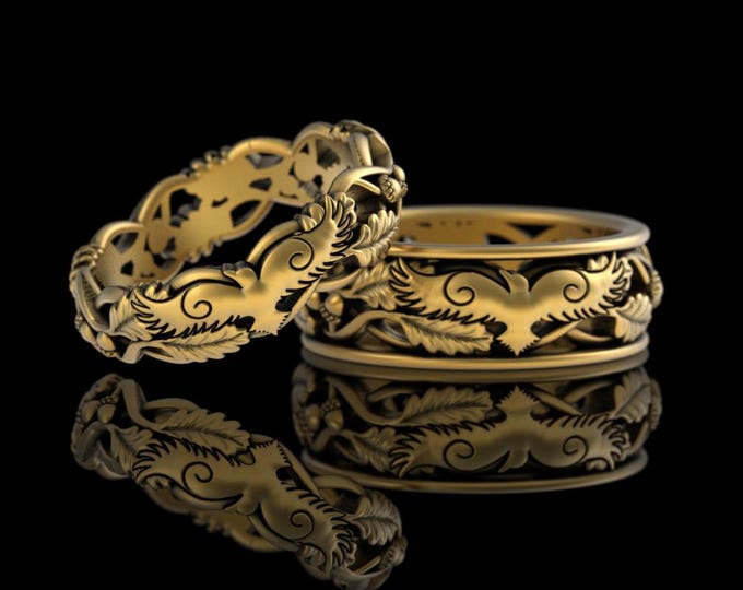 Gold His Hers Raven Wedding Set, Matching 10K Crow Wedding Rings, Platinum Bird Forest Rings, Flying Raven Spirit Animal Rings, 5537 5524