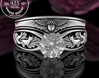 Squirrels Bridal Ring Set, Sterling & Moissanite Forest Stacking Engagement Ring, Matching Bride Acorn Oak Nature Wedding Set, 5003 5015