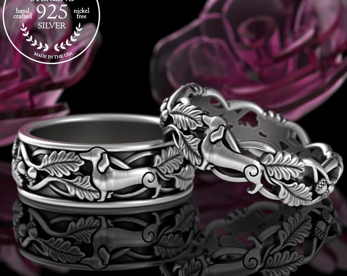 Matching Dachshund Wedding Rings, Sterling Silver Doxie Dog Band, His Hers Dog Breeder Rings, Couples Ring Set, Weiner Sausage Dog,5516 5514