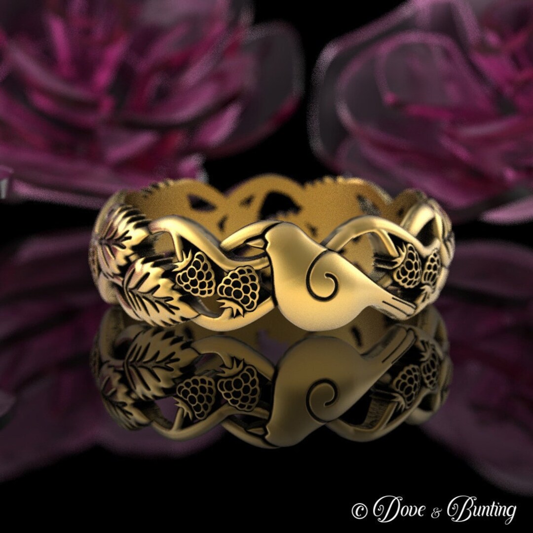 Wild Berry Rings 10K Gold Bird & Berries Ring, White Gold Sparrow Blackberry Ring ...