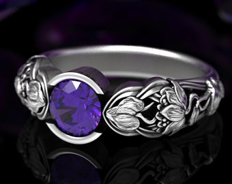 Amethyst Art Nouveau Ring, Amethyst Engagement Ring, Art Nouveau Engagement Ring, Lotus Flower Ring, Silver Flower Engagement Ring, 1659