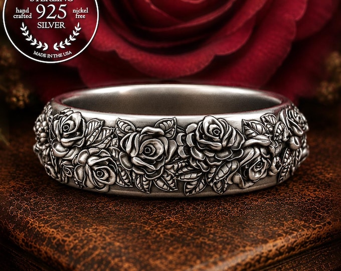 Sterling Silver Rose Ring, Womens Botanical Wedding Ring, Bridal Rose Wedding Band, Floral Wedding Ring, 925 Flower Ring, Rose Jewelry, 5034