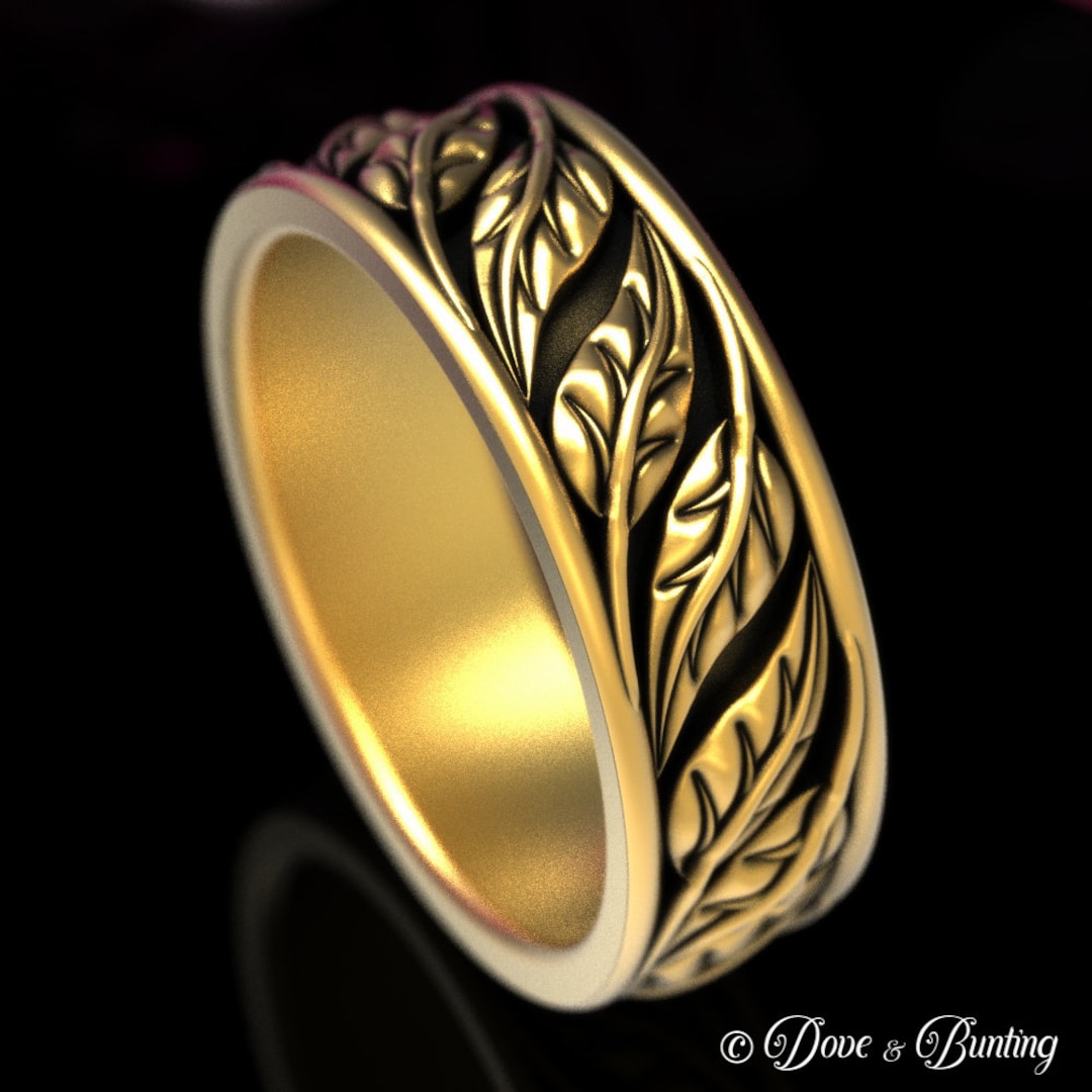 Men's Rings Leaf Pattern Gold Botanical Leaves Wedding Ring, 10K Leaves Ring, Mens Solid Gold ...
