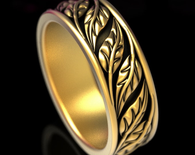 Gold Botanical Leaves Wedding Ring, 10K Leaves Ring, Mens Solid Gold Ring, 14K Nature Wedding Theme, 18K White Gold Leaf Pattern Ring, 1958