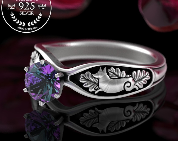 Sterling Corgi Engagement Ring, Alexandrite Dog Solitaire Ring, Silver Bridal Pembroke Welsh Wedding Ring, Miniature Dog Breeds Jewelry 5559
