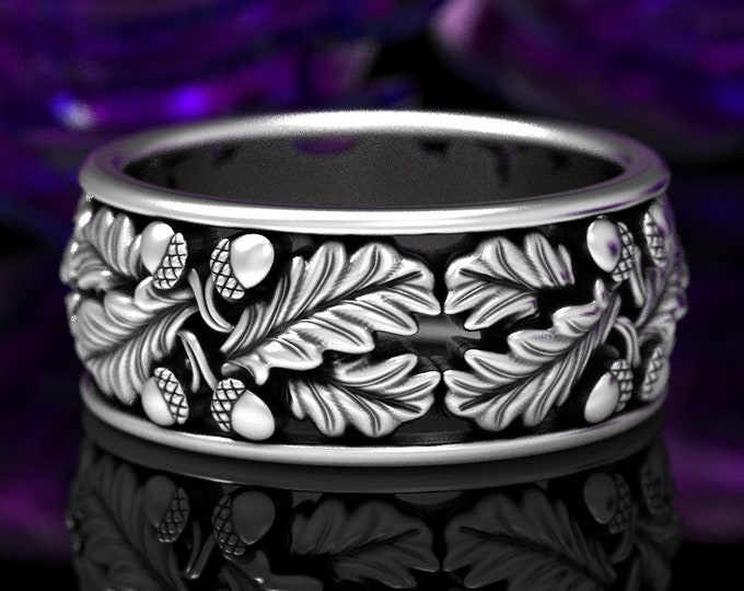 Mens Oak Leaf Ring, Sterling Silver Mens Ring, Nature Wedding Band, Silver Leaf Ring, Sterling Acorn Ring, Oak Leaf Ring, Nature Ring, 1605