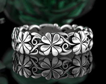 Four Leaf Clover Ring, Sterling Silver Clover Ring, Shamrock Ring, Silver Botanical Ring, Lucky Clover Ring, Clover Wedding Band, 5022