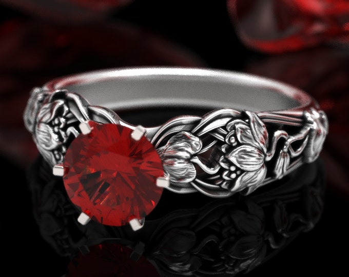 Sterling Ruby Art Nouveau Ring, Ruby Engagement Ring, Water Lily Engagement Ring, Silver Flower Ring, Art Nouveau Engagement Ring, 1863