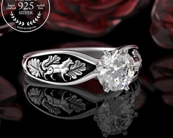 Wolves Solitaire Engagement Ring, Sterling & 1 Carat Moissanite Wolf Forest Wedding Ring, Diamond Huskie Ring, Womens Husky Wolf Ring, 5012