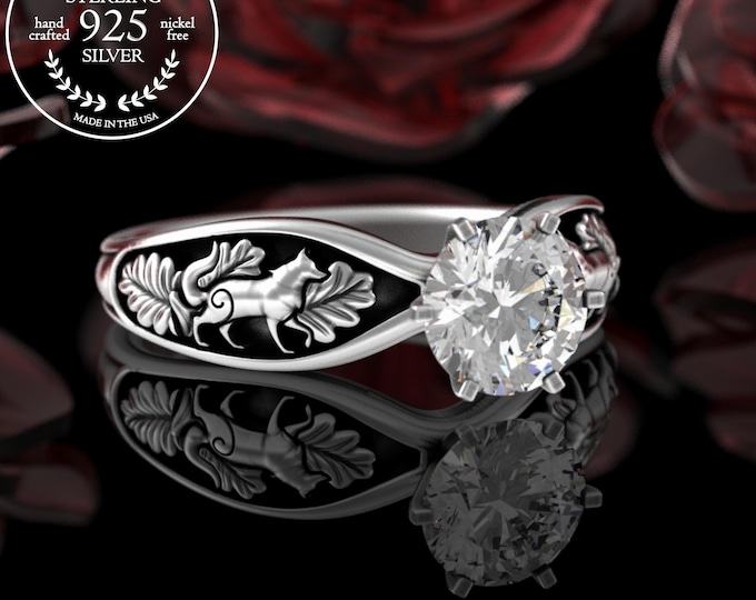 Wolves Solitaire Engagement Ring, Sterling & 1 Carat Moissanite Wolf Forest Wedding Ring, Diamond Huskie Ring, Womens Husky Wolf Ring, 5012