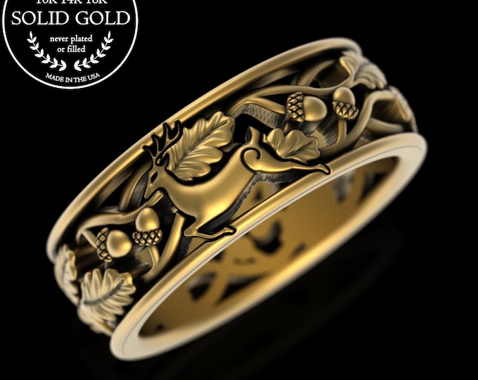 14K Gold Men's Stag Heraldry Ring, Platinum Hunting Wedding Band, 10K White Gold Male Buck Deer Marriage Ring, 18K Gold Antler Jewelry, 5511