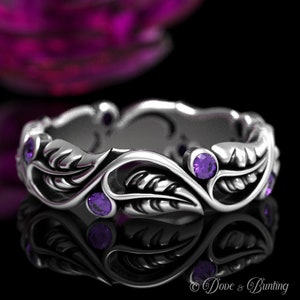 Amethyst Wedding Band, Sterling Silver Leaf Ring, Leaf Ring, Art Nouveau Swirl Ring, Silver Nature Wedding Ring, Silver Plant Ring, 1626