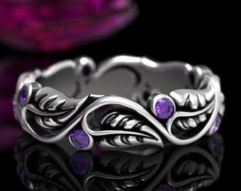 Amethyst Wedding Band, Sterling Silver Leaf Ring, Leaf Ring, Art Nouveau Swirl Ring, Silver Nature Wedding Ring, Silver Plant Ring, 1626