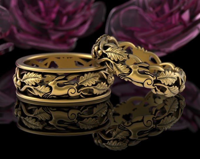 Matching Gold Rabbit Wedding Ring Set, 10K 14K Forest His Hers Bunny Wedding Bands, Bride Groom Hare Rings, Platinum Handfasting, 5553 5544