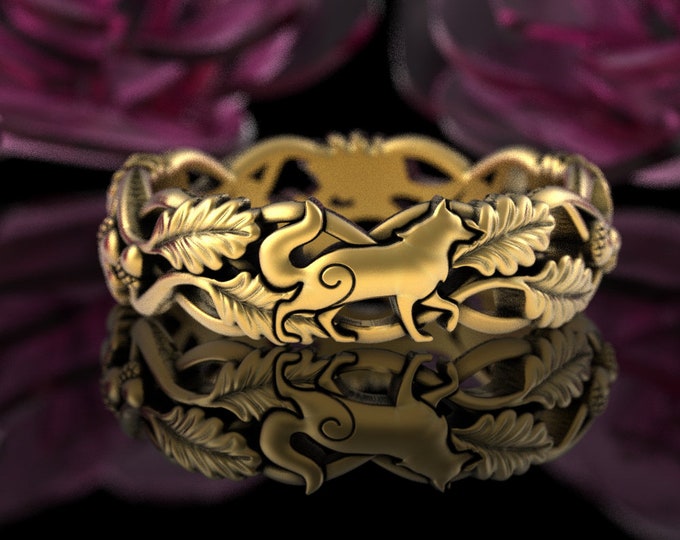10K Gold Wolf Ring, Womens White Gold Forest Ring, 14K Oak Leaf Wedding Band, 18K Botanical Canine Wedding Ring, Platinum Huskie Ring, 5531