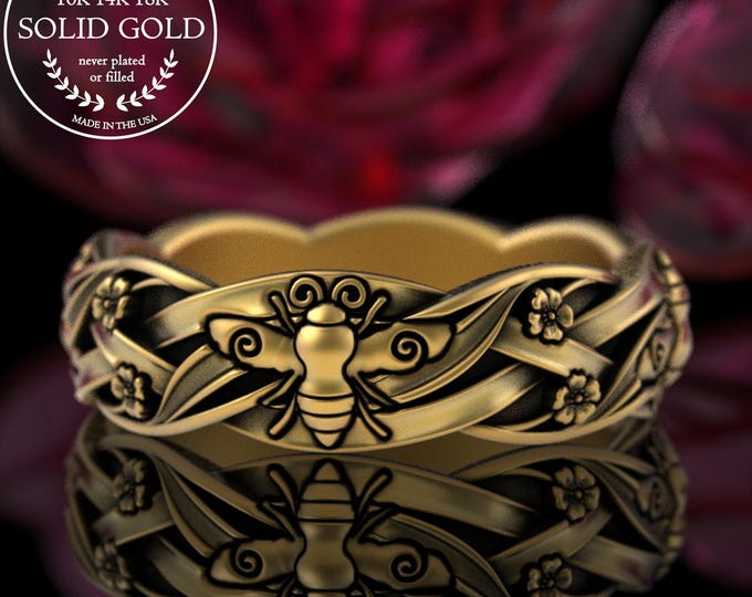18K Gold Queen Bee Wedding Ring, 14K White Gold Bumblebees Marriage Band, Platinum Honeybee Jewelry, 10K Gold Floral Insect Statement, 5212