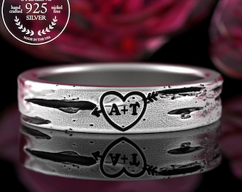 Silver Birch Bark & Carved Initials in Tree Ring, Sterling Forest Heart Wedding Band, Silver Romantic Jewelry, Forever Lovers Ring, 5220