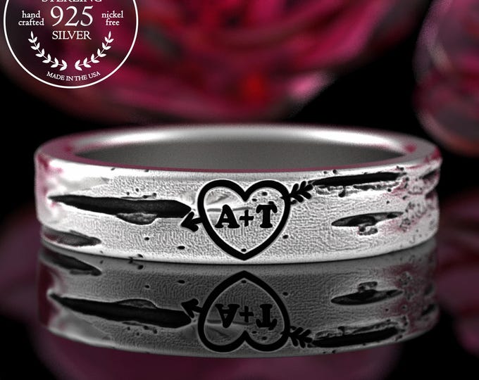 Silver Birch Bark & Carved Initials in Tree Ring, Sterling Forest Heart Wedding Band, Silver Romantic Jewelry, Forever Lovers Ring, 5220