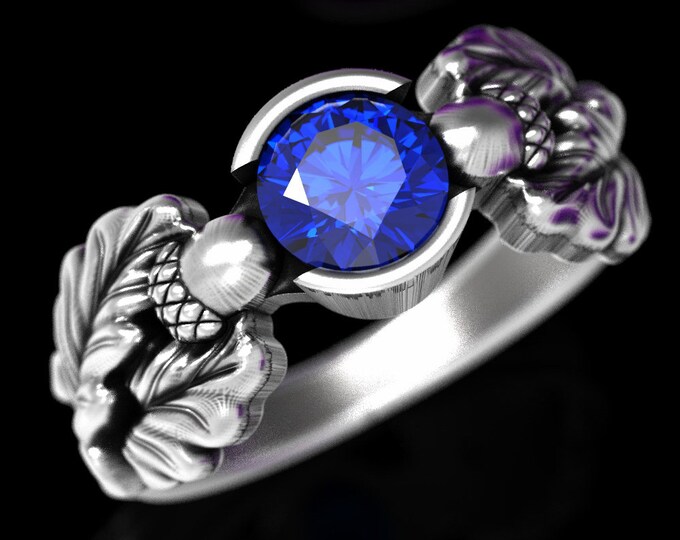 Oak Leaf Ring, Leaf Engagement Ring, Sterling Silver & Sapphire Engagement Ring, Acorn Wedding Ring, Fall Wedding Ring, Acorn Ring, 1604