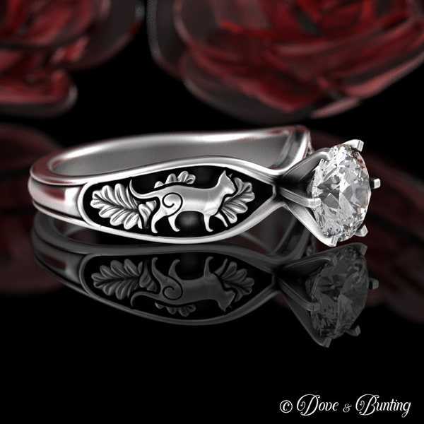 1 Carat Cat Engagement Ring, Sterling Silver Solitaire Ring, Womens Kitty Wedding Ring, Moissanite Feline Ring, Kitten Silver Diamond, 5010