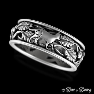 Grooms Cat Wedding Ring, Sterling Silver Kitty Cat Ring, Mens Animal Wedding Band, Cat Lover Jewelry, Man Nature Forest Botanical Ring, 5552