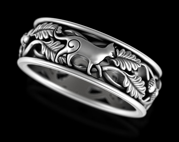 Grooms Cat Wedding Ring, Sterling Silver Kitty Cat Ring, Mens Animal Wedding Band, Cat Lover Jewelry, Man Nature Forest Botanical Ring, 5552