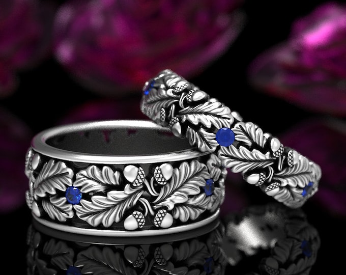 Sterling Silver Oak Ring Set, Sapphire Tree Wedding Rings, Acorn Ring Set, Nature Wedding Bands, Matching Oak Rings, Forest Rings, 1612 1611