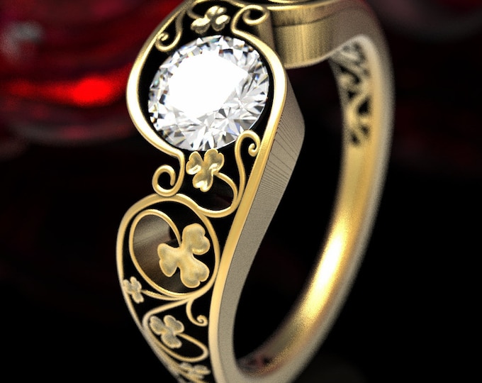 Gold & Moissanite Engagement Ring, Celtic Engagement Ring, Moissanite Celtic Ring, Moissanite Clover Ring, White Gold Engagement Ring, 1547