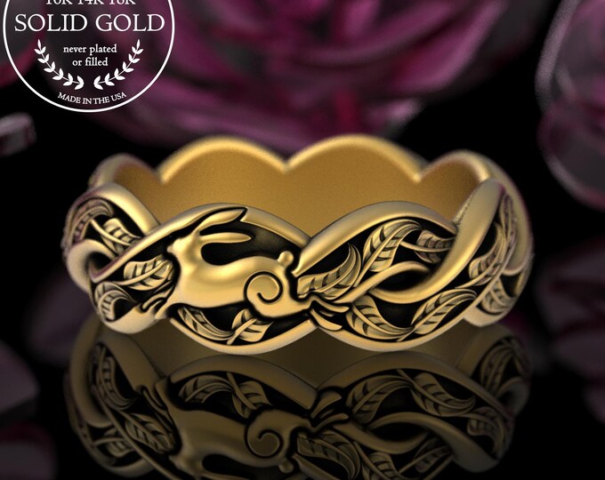 10K Gold Bunny Rabbit Wedding Ring, 14K 18K White Gold Leaves & Bunny Bridal Band, Women's Platinum Year of the Rabbit Ring, 5045